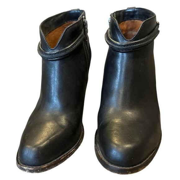 Frye Jenny Leather Ankle Boots Booties Black Stacked Heels Zip Buckle 7.5 B - Picture 2 of 9
